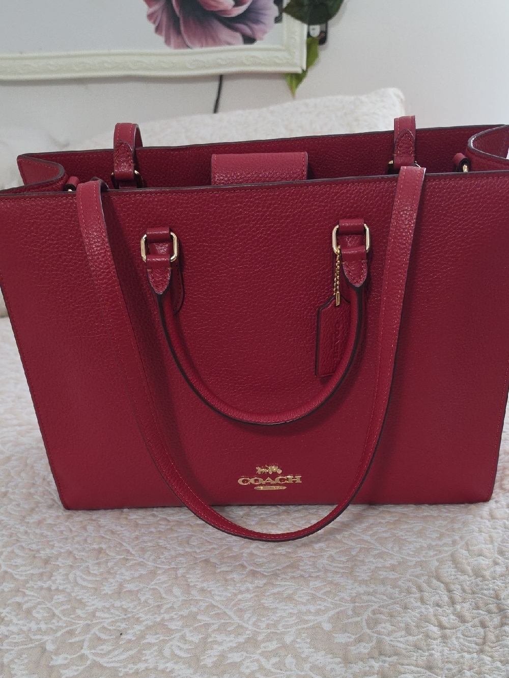 Coach Cherry Red Pebbled Leather Tote with Gold Accents